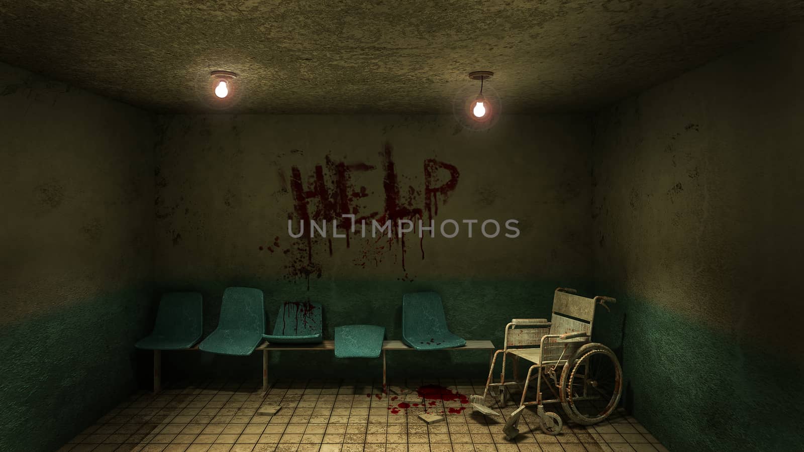 Horror and creepy seat waiting and wheelchair in front of the examination room in the hospital and help Blood .3D rendering