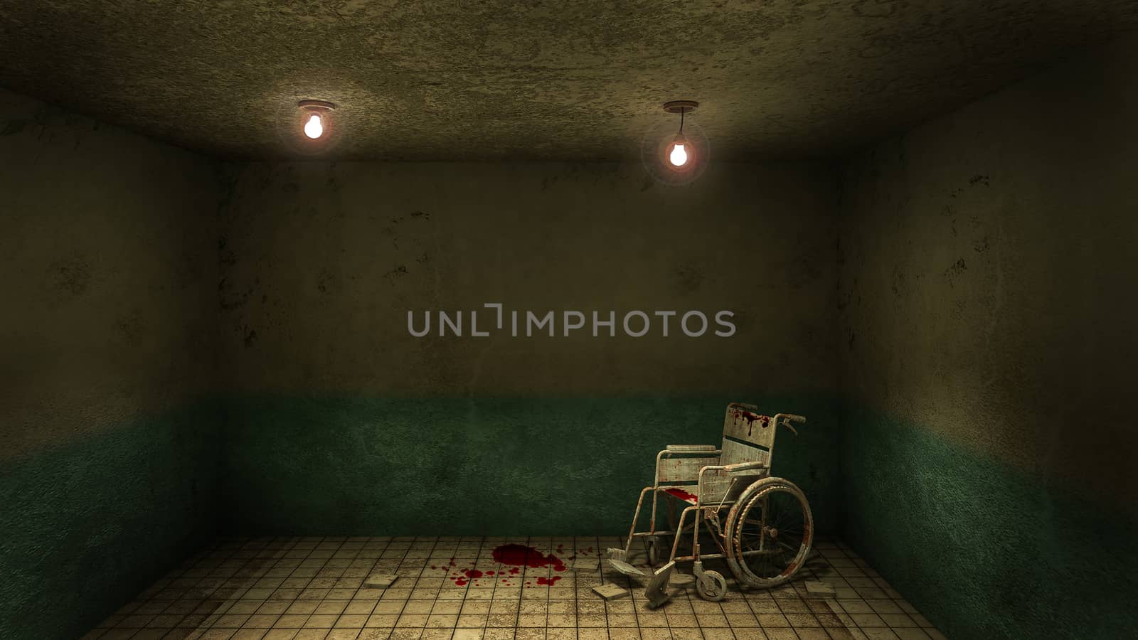 Horror and creepy front of the examination room and wheelchair in the hospital.3D rendering by anotestocker