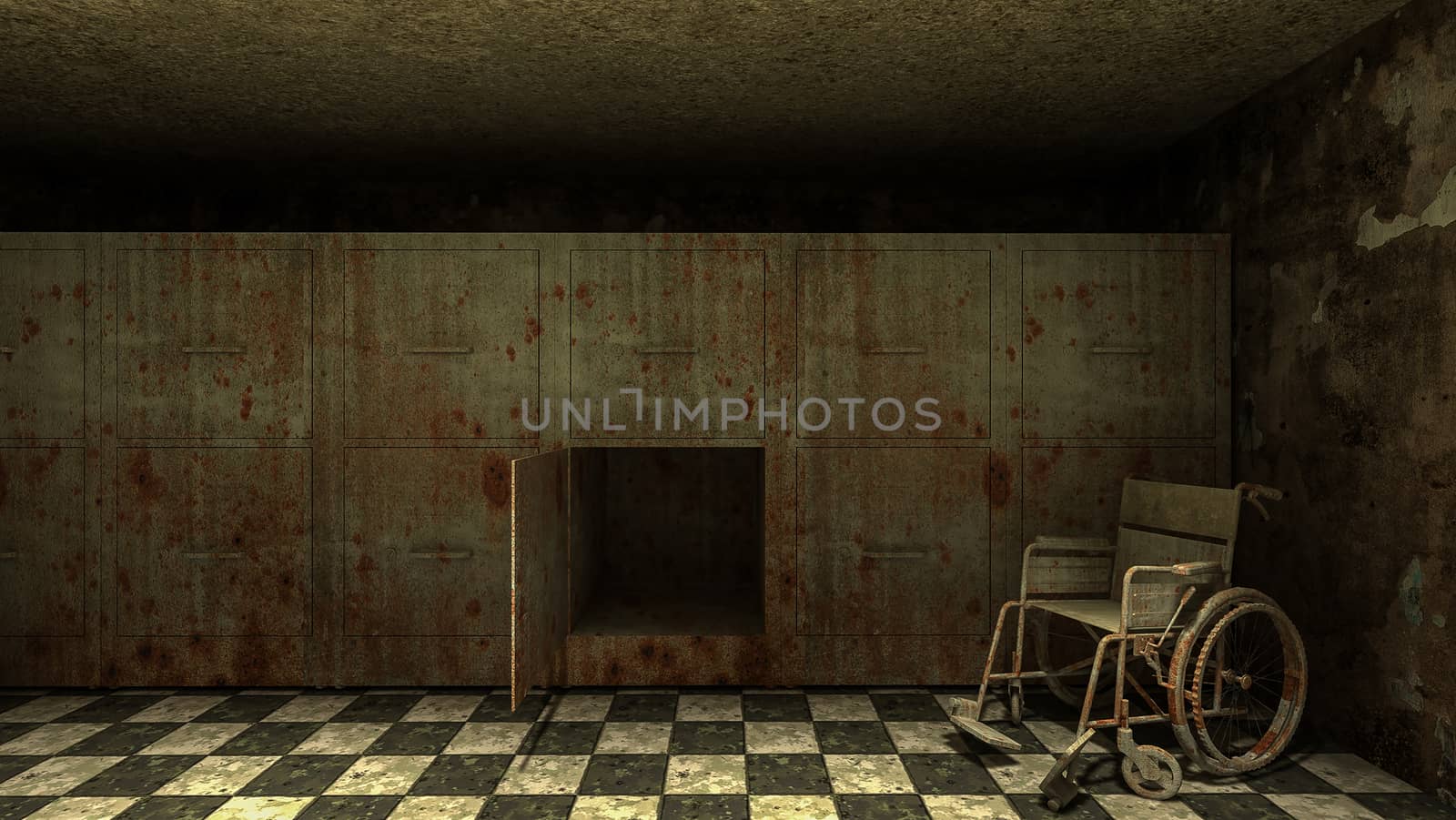 horror and creepy mortuary with wheelchair in the hospital .3D rendering
