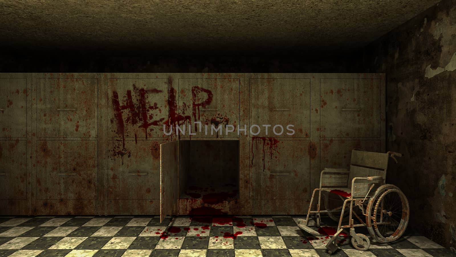 horror and creepy mortuary with wheelchair in the hospital and help blood.3D rendering