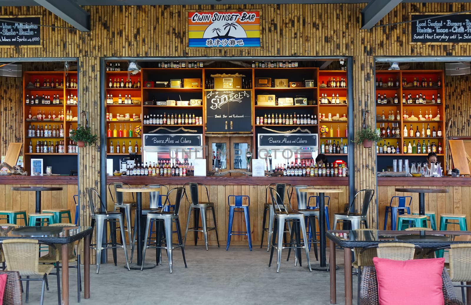 KAOHSIUNG, TAIWAN -- JULY 17, 2017: An outdoor beach side bar and cafe at the popular tourist destination of Cijin Island.