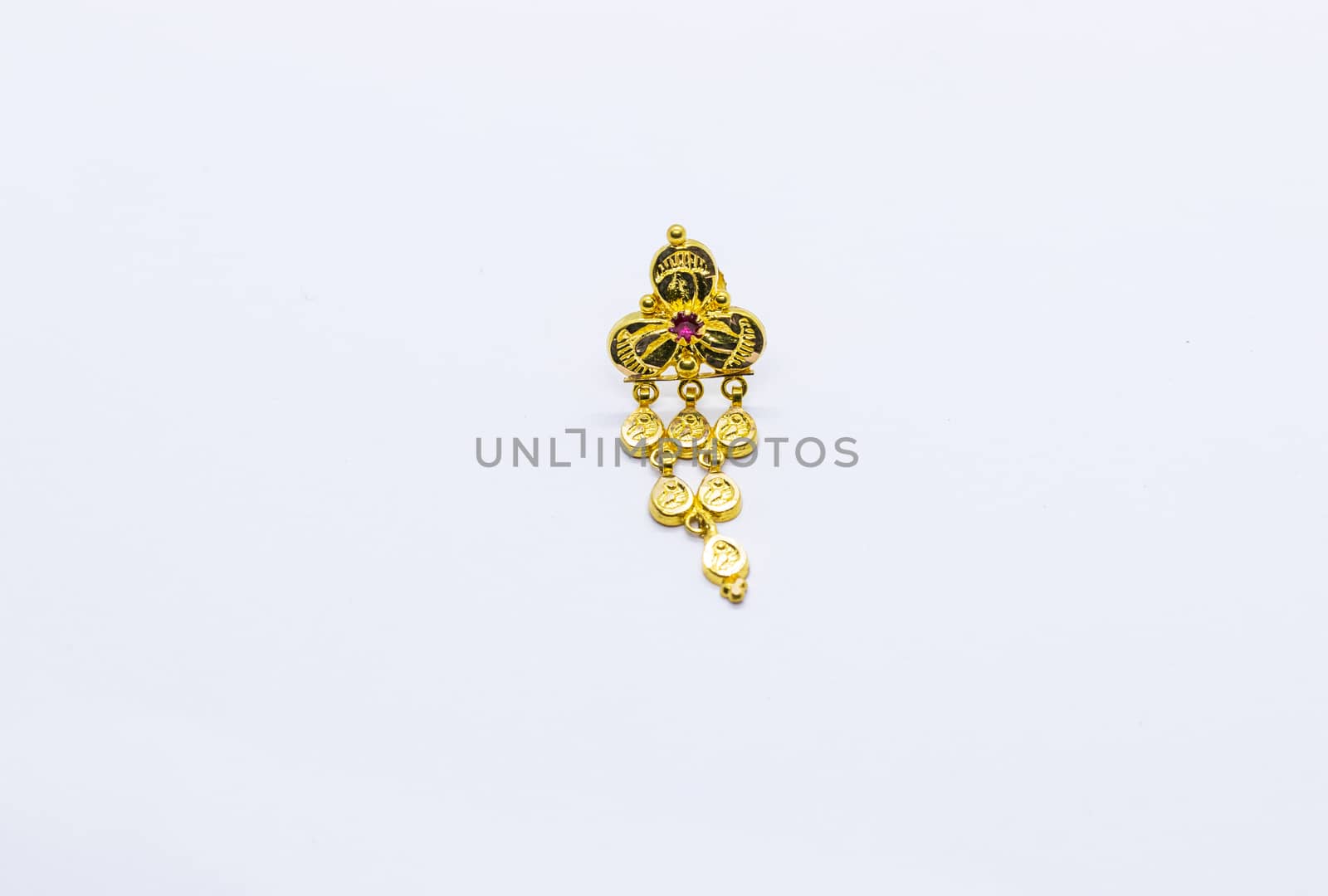 one red stone gold earrings design on white background (grapes model jewels)