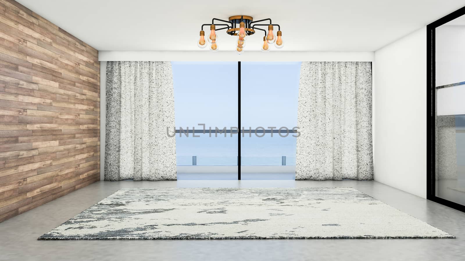 The interior design of empty room and living room modern style with window or door and carpet on flagstone floor. 3d Render