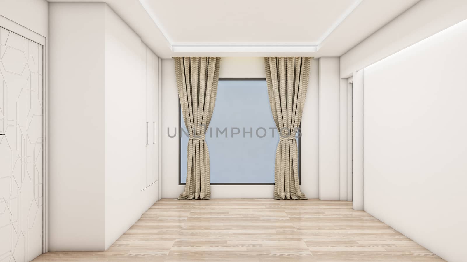 The interior design of empty room and living room modern style with window or door and wooden floor. 3d Render