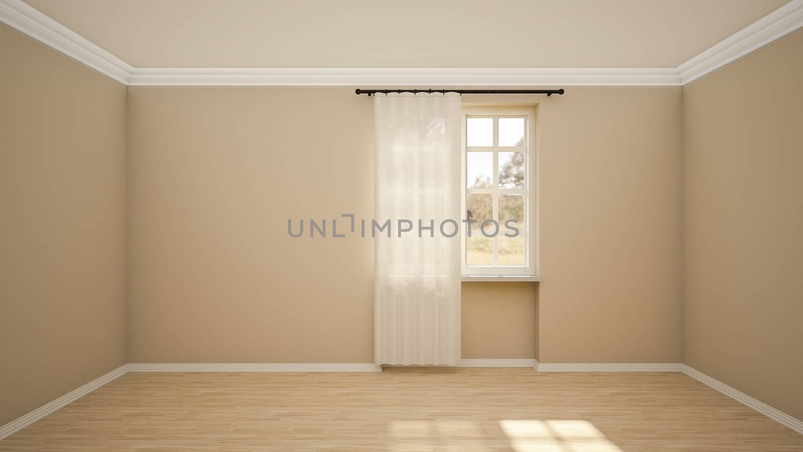 The interior design of empty room and living room modern style with window and wooden floor. 3d Render