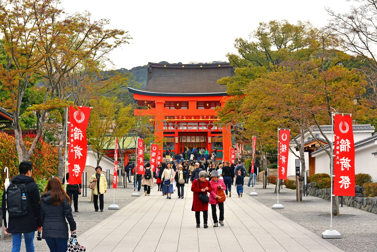 KYOTO, JP - APRIL 10 - Fushimi Inari Taisha entrance on April 10, 2017 in Kyoto, Japan. Fushimi Inari was dedicated to the gods of rice and sake by the Hata family in the 8th century.