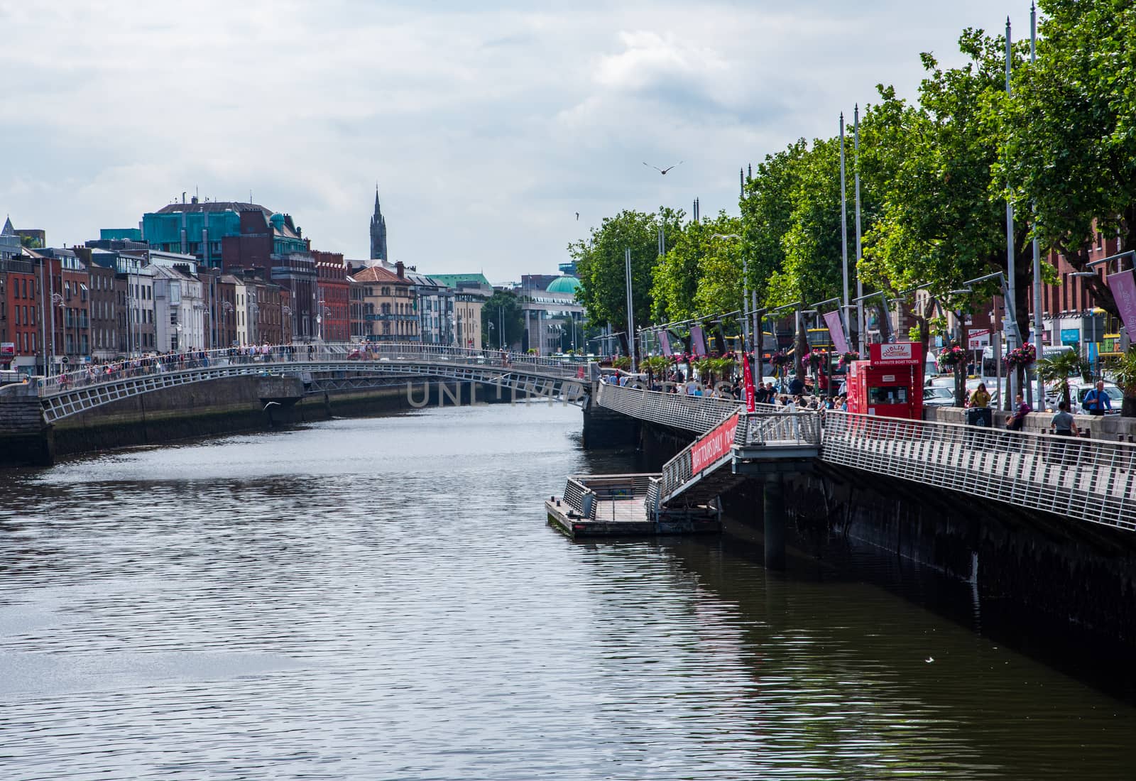 Dublin, Ireland -- July 9, 2018. The colorful banks of the River Liffey in Dublin, Ireland
