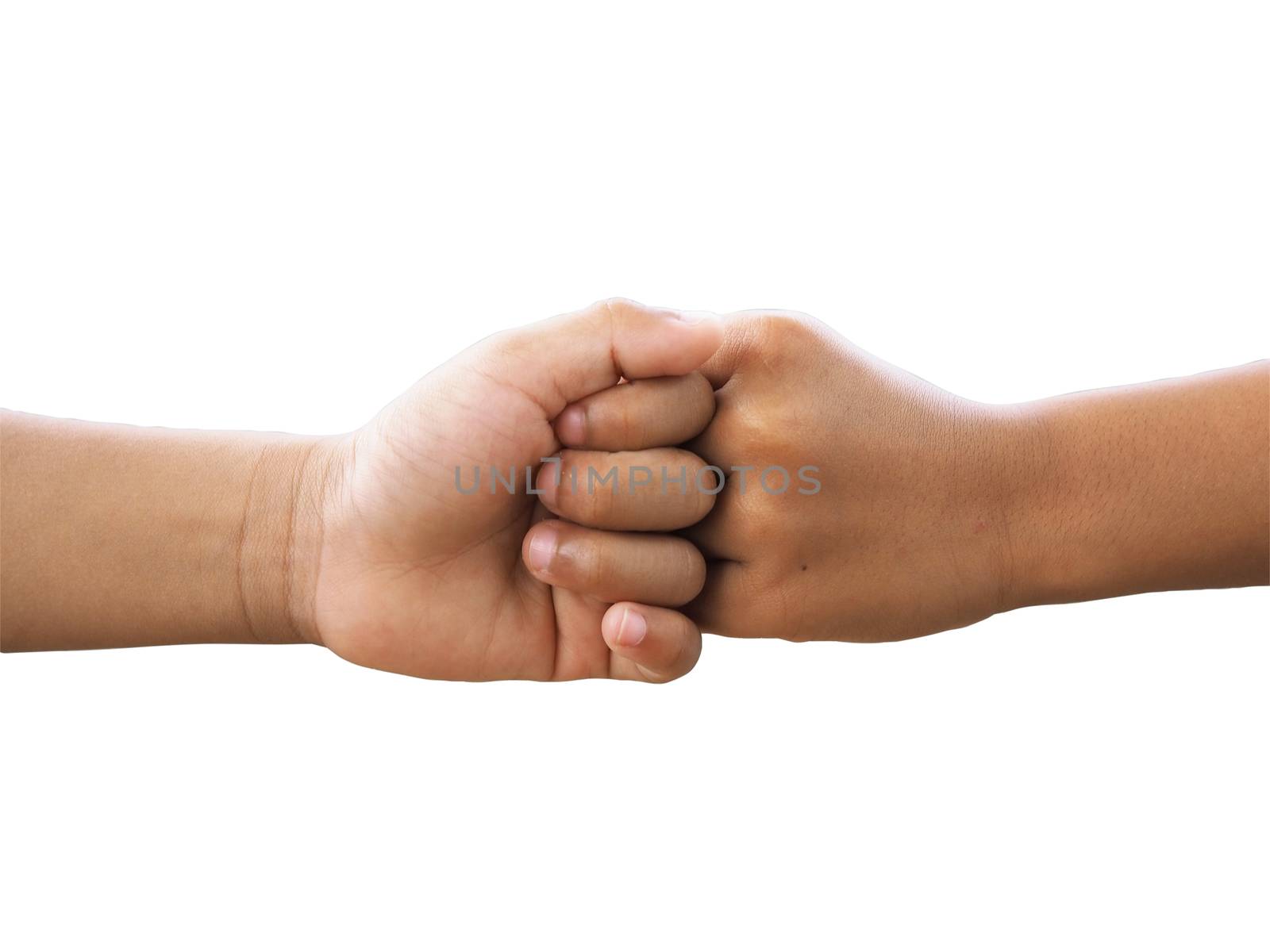 Boy  fist bumping On a white background.
It is a new greeting during the Covid virus epidemic prevention. clipping path.
new normal concept.