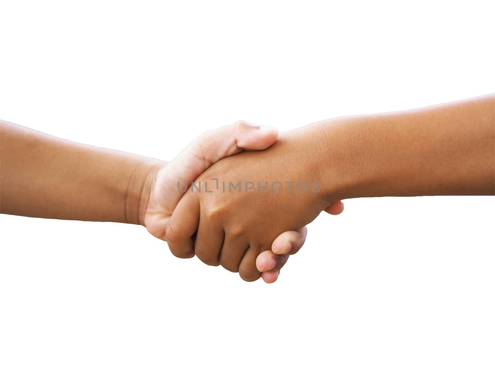 Two male hands shaking isolated on white studio background. Soci by Unimages2527