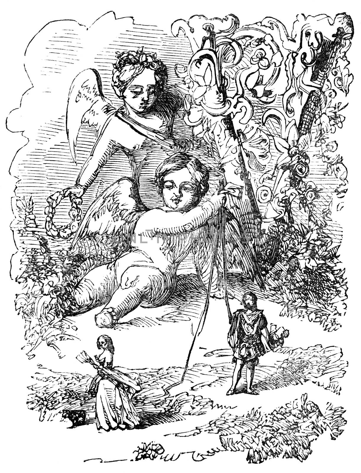 An engraved vintage romance love illustration image of the cherub Eros holding strings to draw lovers together, on St Valentine's Day, from a Victorian book dated 1883 that is no longer in copyright