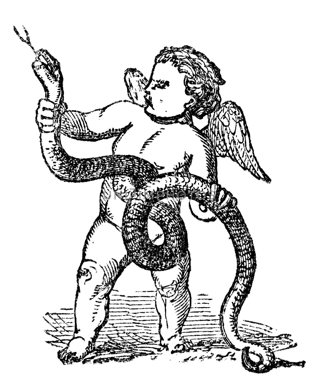 An engraved vintage illustration romance love image of the cherub Eros with a serpent from a Victorian book dated 1856 that is no longer in copyright