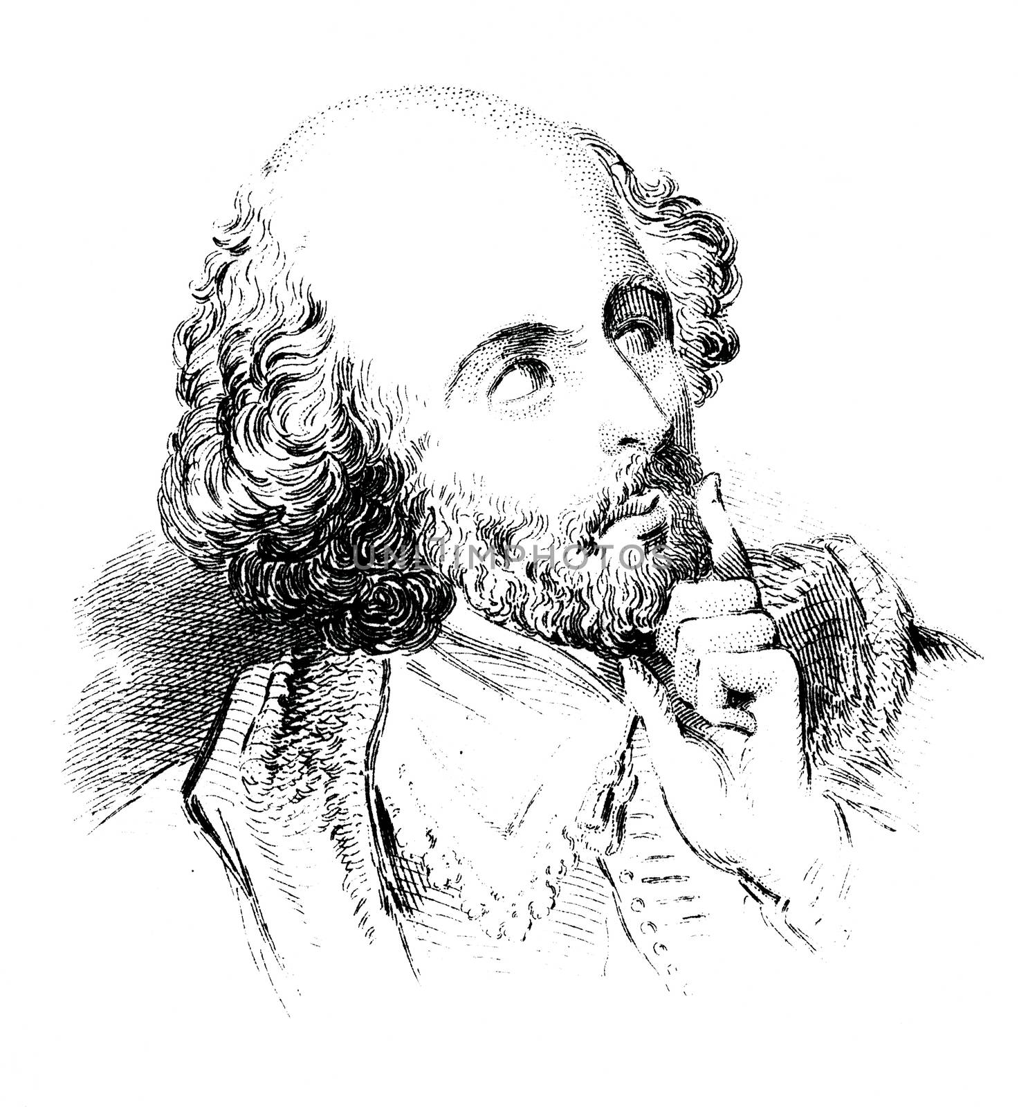 An engraved vintage illustration image portrait of the Elizabethan playwright William Shakespeare  from a Victorian book dated 1856 that is no longer in copyright