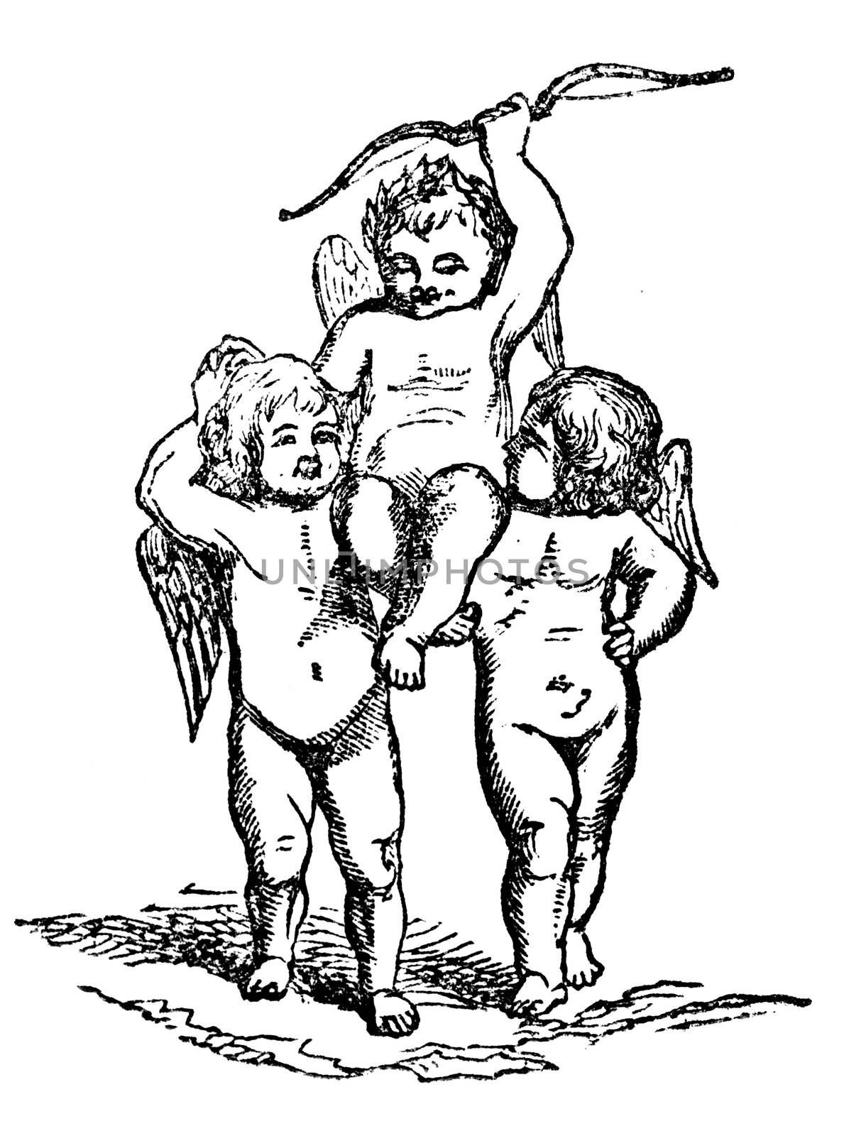 An engraved vintage illustration love romance image of the Eros being held up high by angel cherubs from a Victorian book dated 1856 that is no longer in copyright