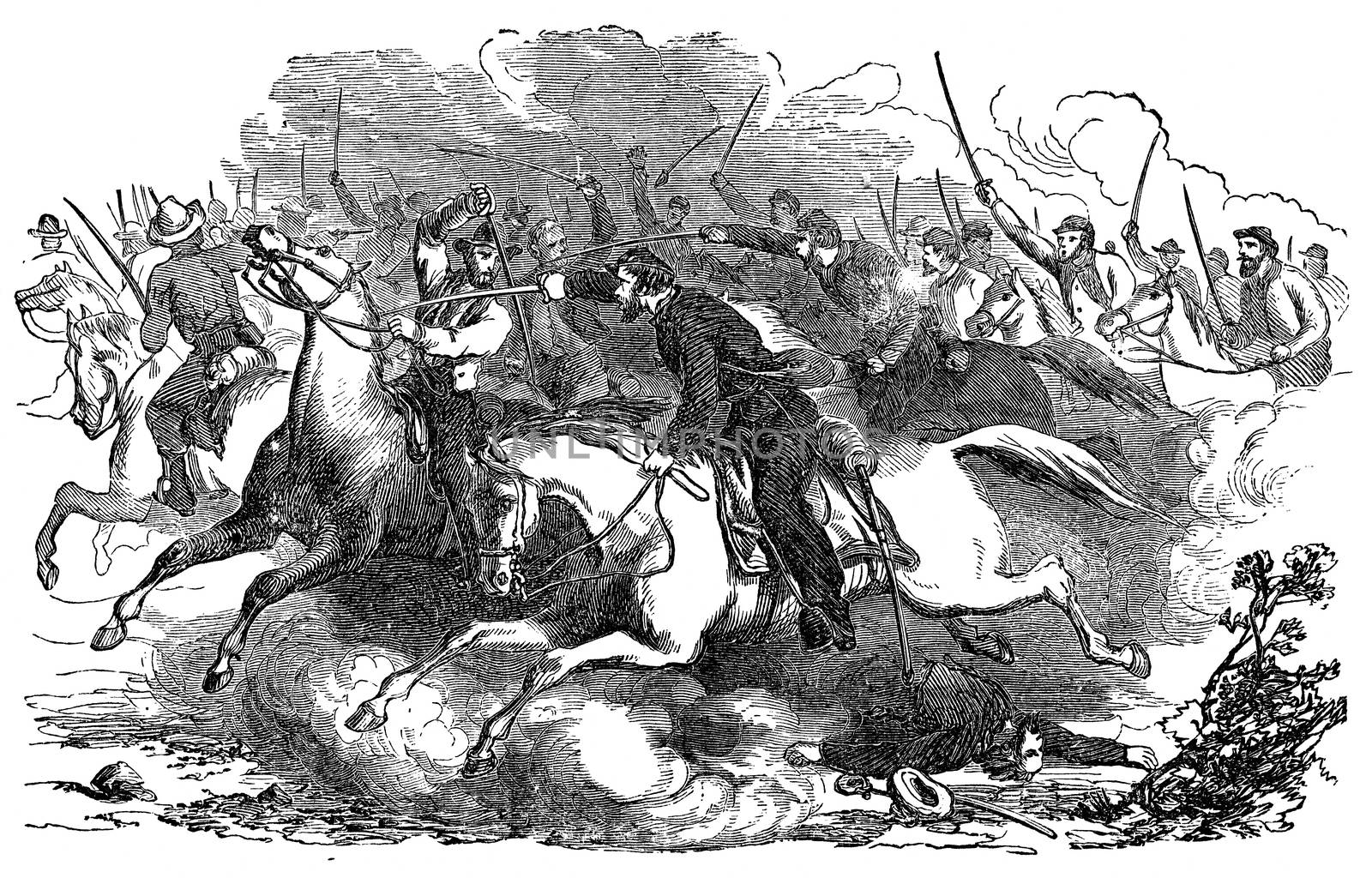 An engraved vintage illustration image of a Union Cavalry charge towards the Confederate Army during the American Civil War from a Victorian book dated 1880 that is no longer in copyright