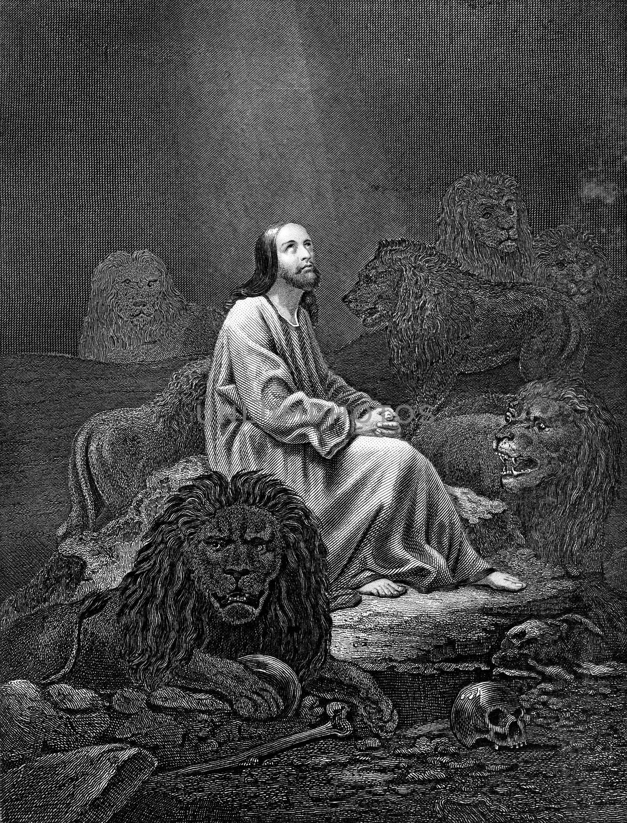 An engraved vintage illustration image of Daniel in the Lions Den of the Old Testament Bible from a Victorian book dated 1886 that is no longer in copyright