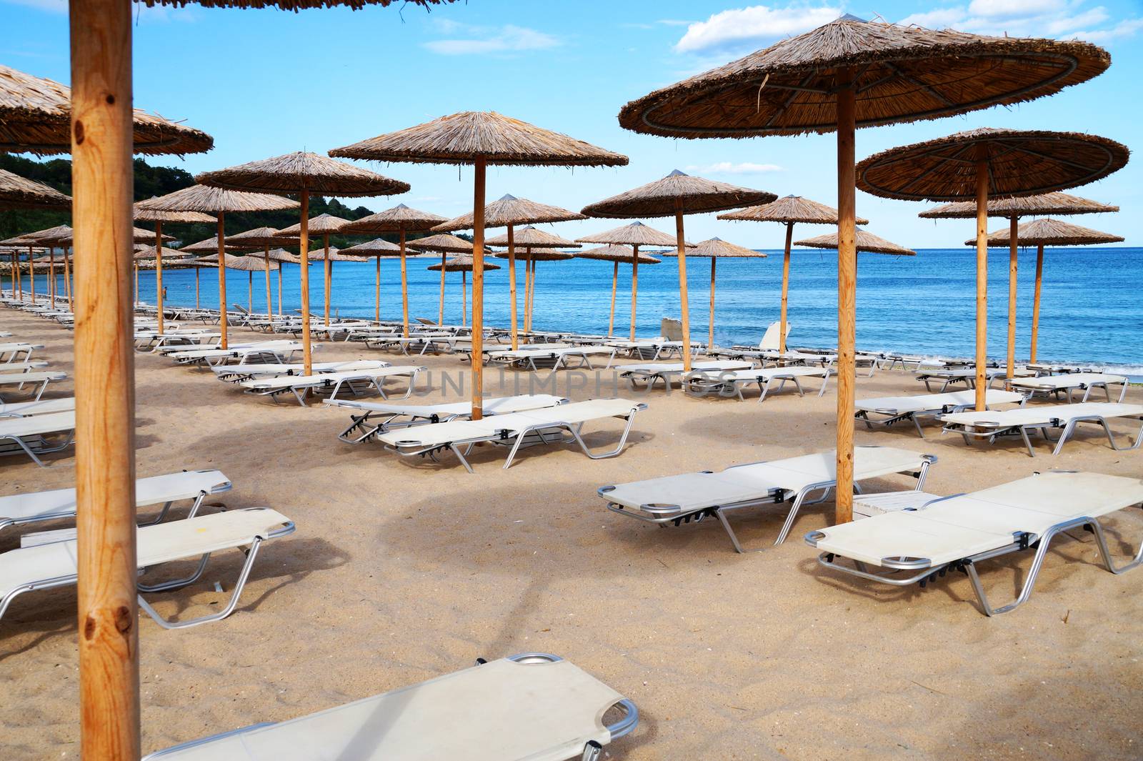 beach umbrellas and sun loungers on an empty beach by Annado