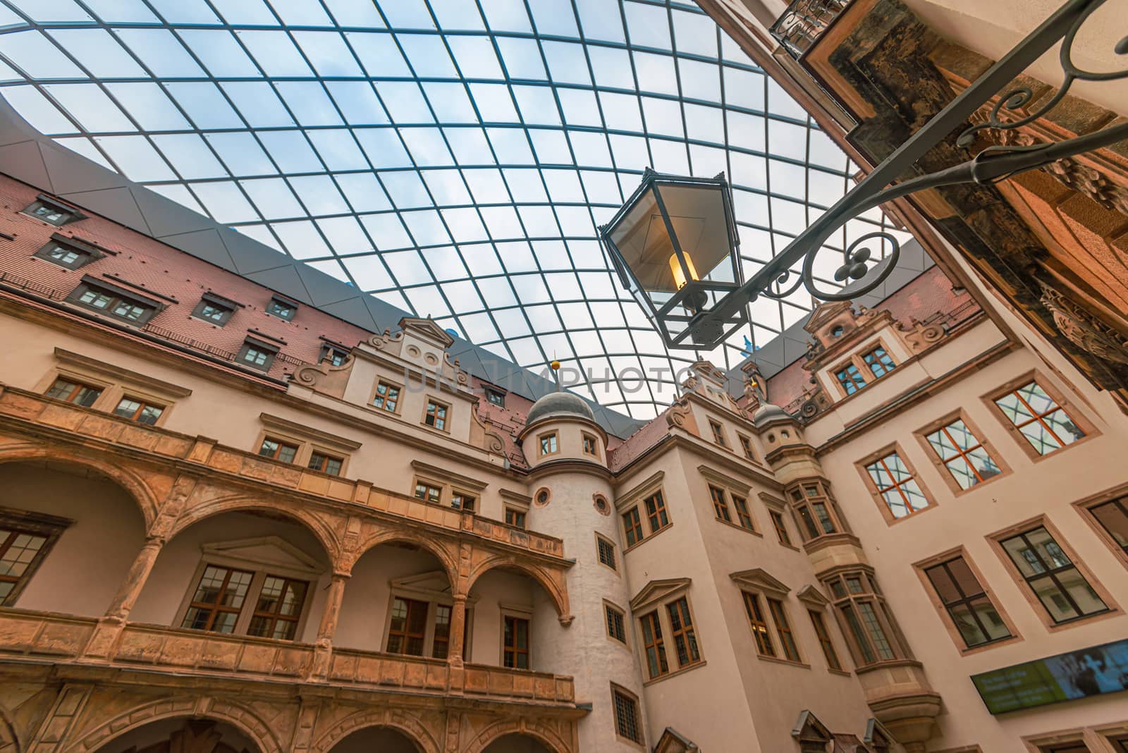 Dresden palace in Germany, Saxony, Europe. View from inner court on old architecture and glass roof.