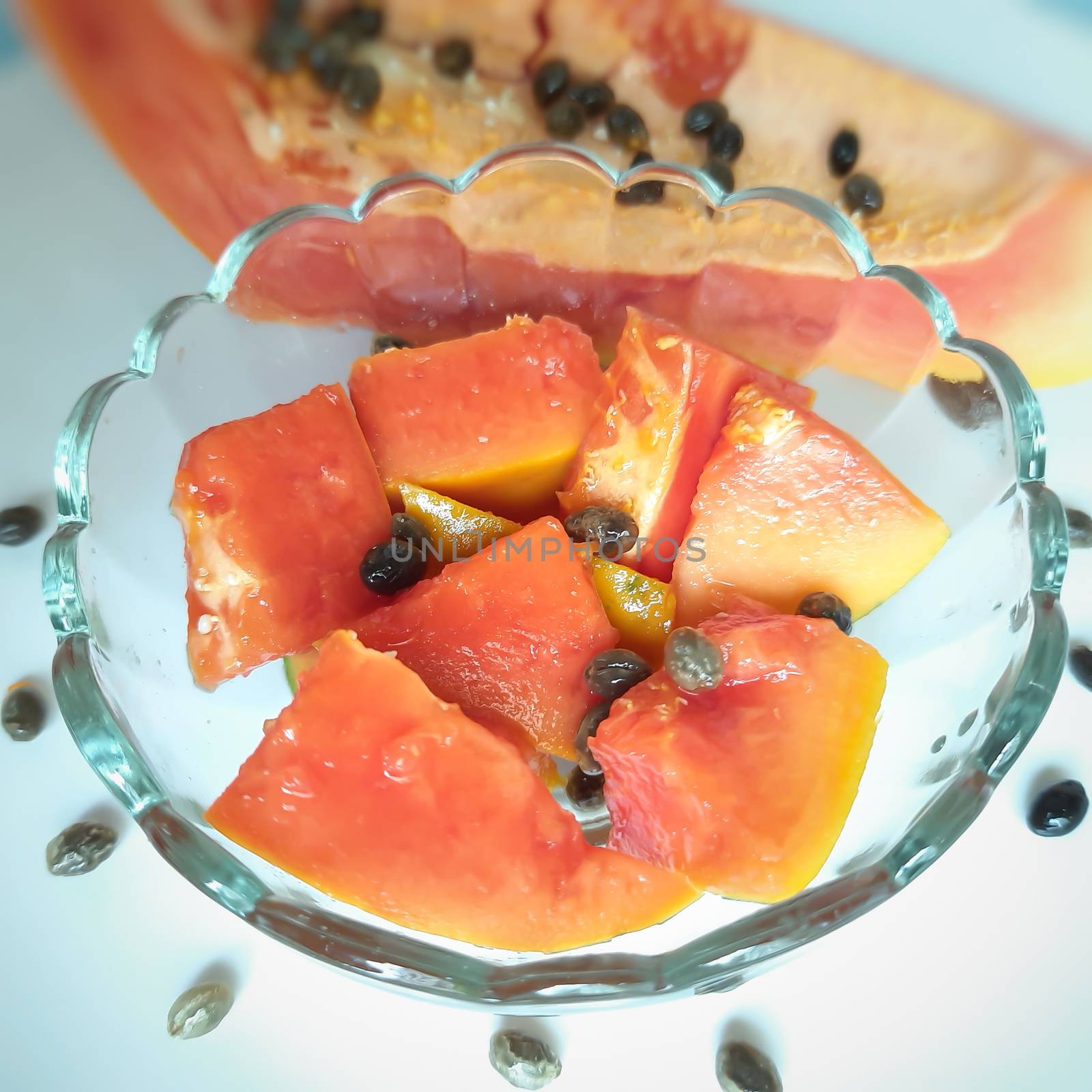 Orange color fresh papaya kept in white background with cut pieces in bowl and rich in fibre Vitamin C and antioxidants Boosts your immunity Good for diabetics and eyes