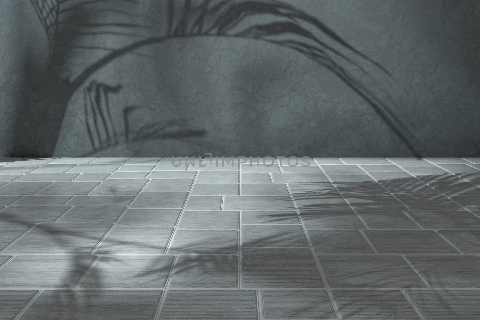 Corner floor with tile cube floor with plant shadows, 3d rendering. Computer digital drawing.