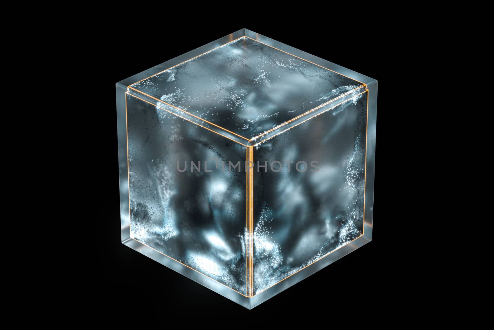 Frosted glass cube with glowing particles inside, 3d rendering. by vinkfan