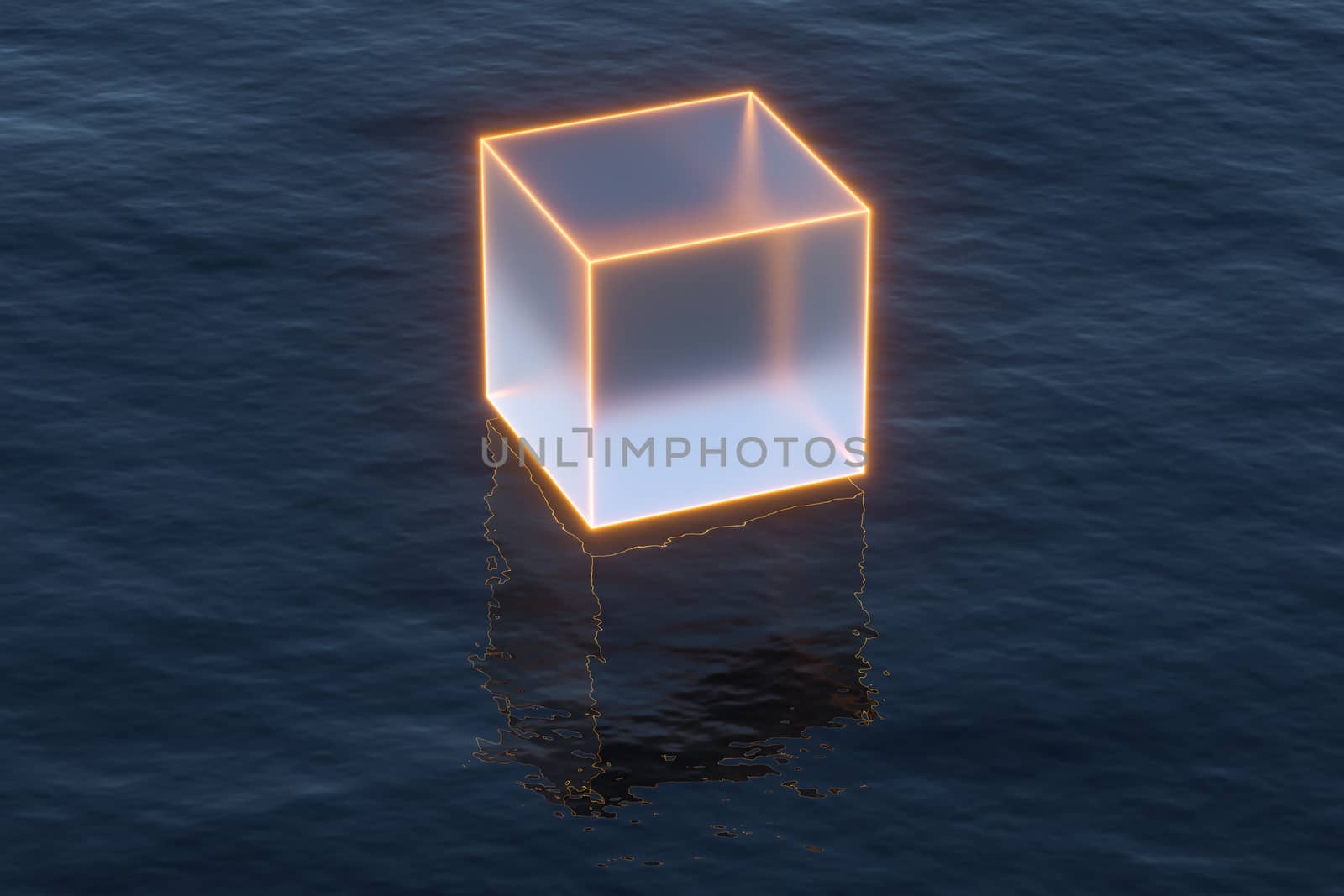 Floating transparent cubes over the ocean, 3d rendering. by vinkfan