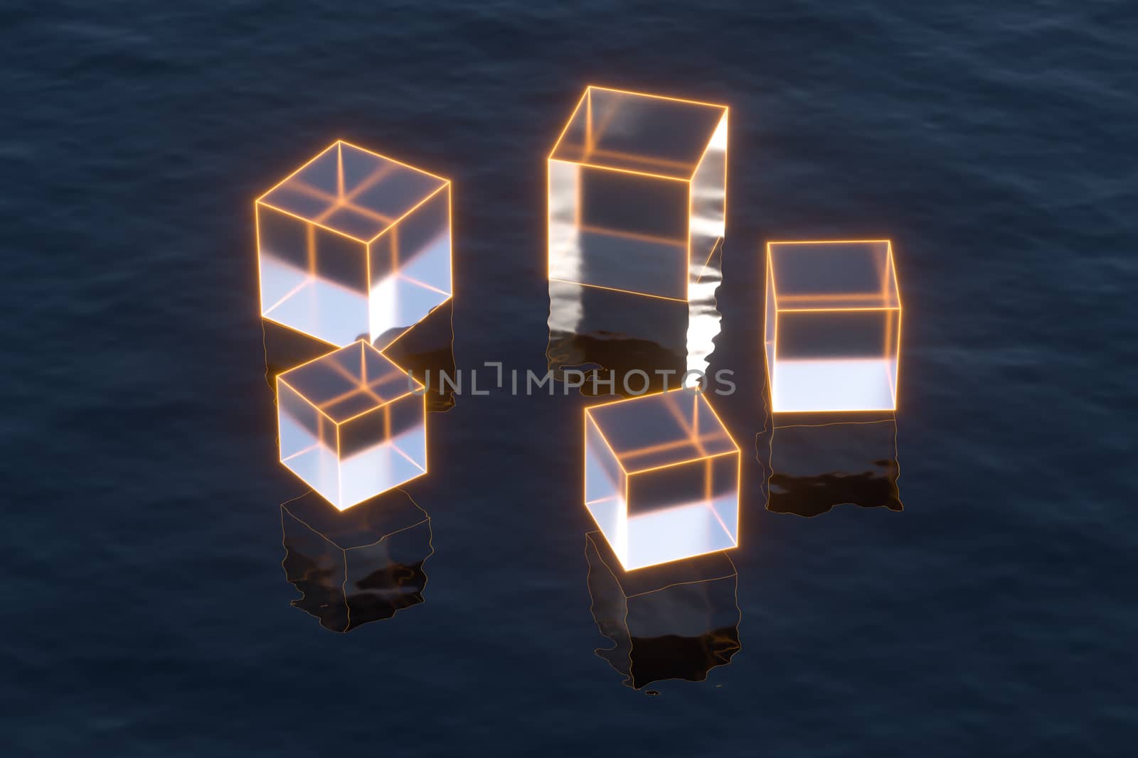 Floating transparent cubes over the ocean, 3d rendering. by vinkfan