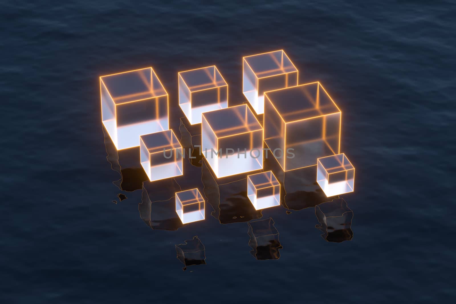 Floating transparent cubes over the ocean, 3d rendering. by vinkfan
