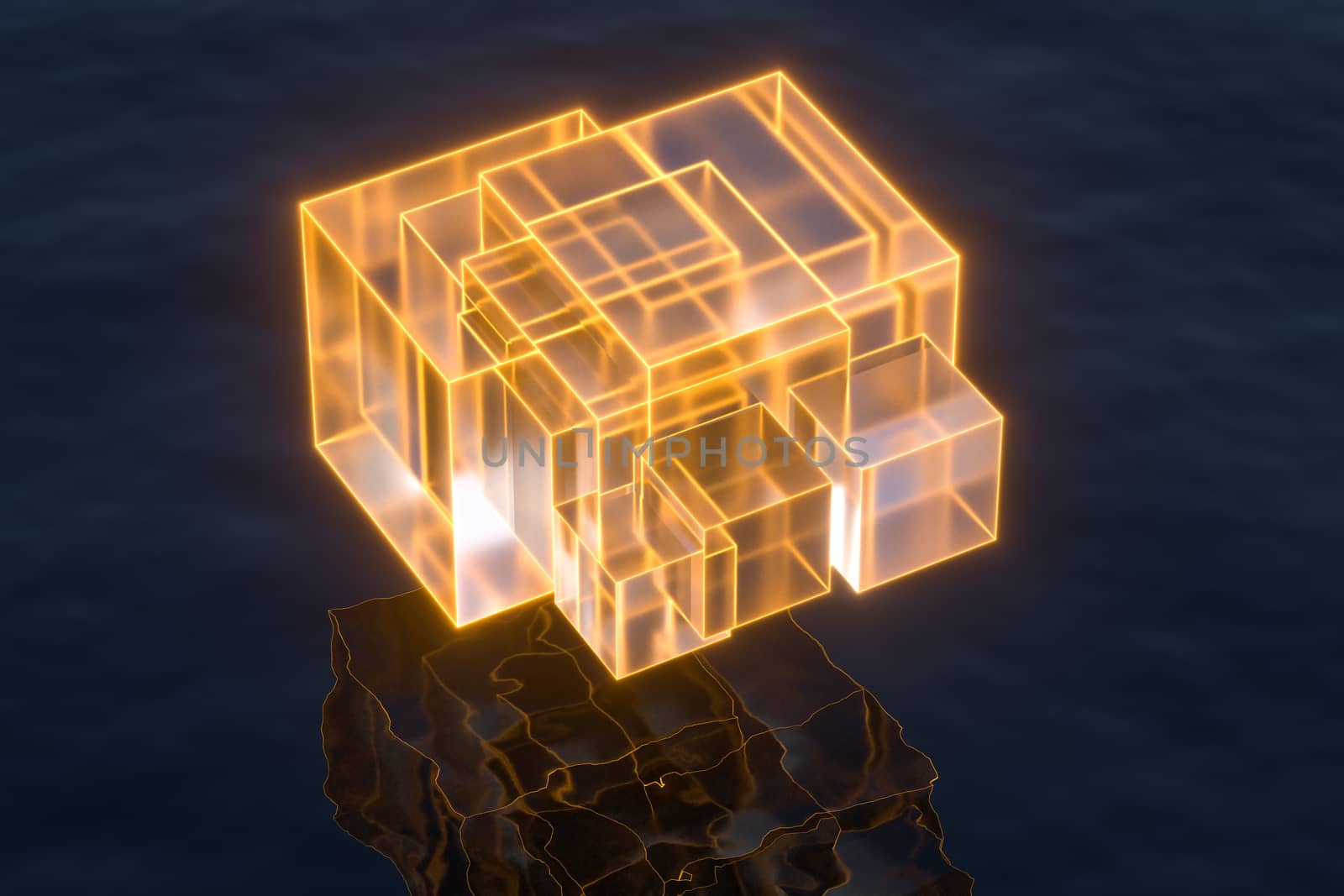 Floating transparent cubes over the ocean, 3d rendering. Computer digital drawing.