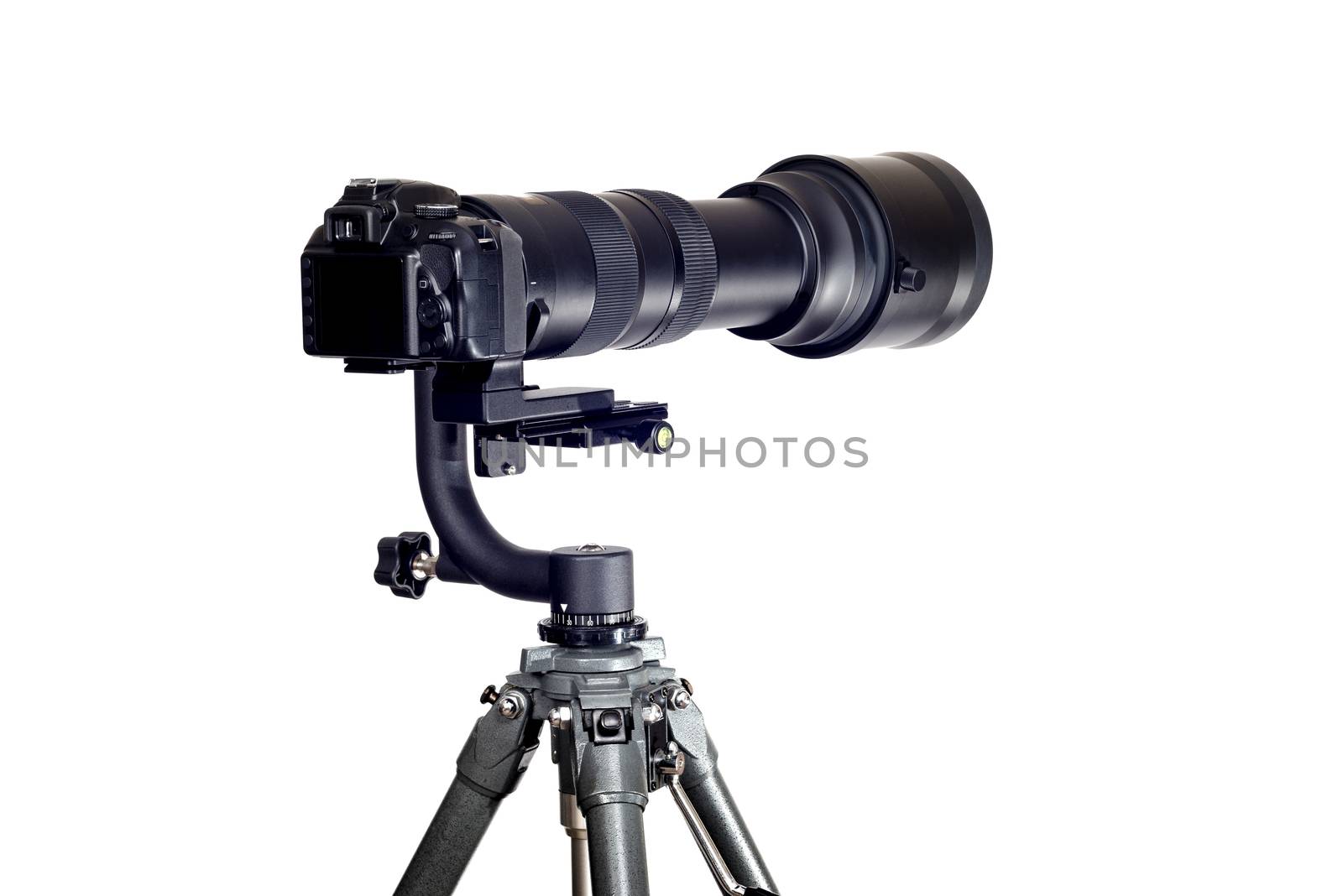 Gimbal Tripod Head Holding Camera With Long Telephoto Zoom Lens by stockbuster1