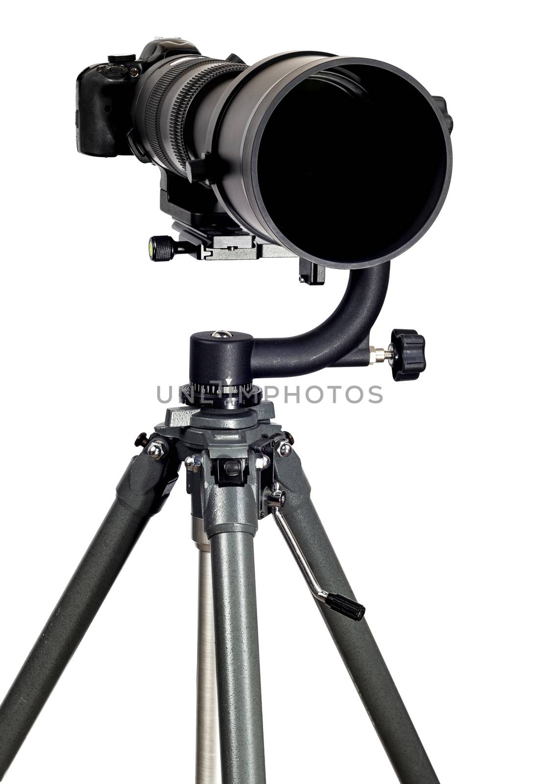 Modern Digital Camera With Super Telephoto Zoom Lens on White by stockbuster1