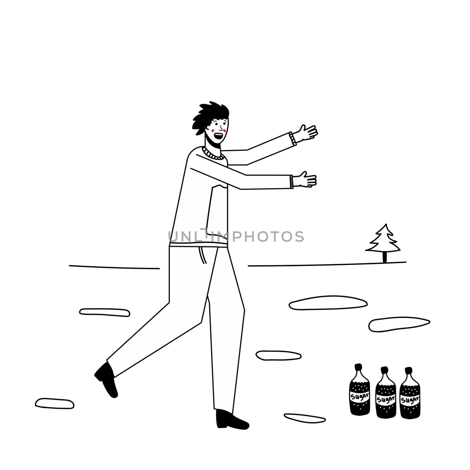 Soda addiction concept illustration. The man runs to the soda bottles. An unhealthy lifestyle, unhealthy diet, and a sweet tooth. illustration. Lines