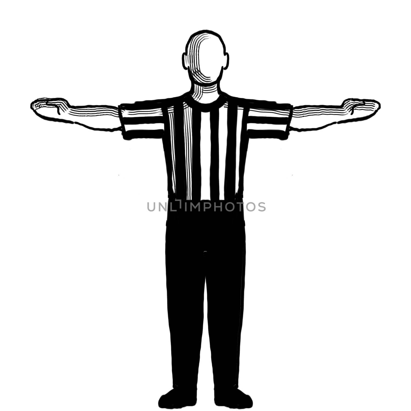 Black and white illustration showing a basketball referee or official with hand signal of 60-second time-out viewed from front on isolated background done retro style.