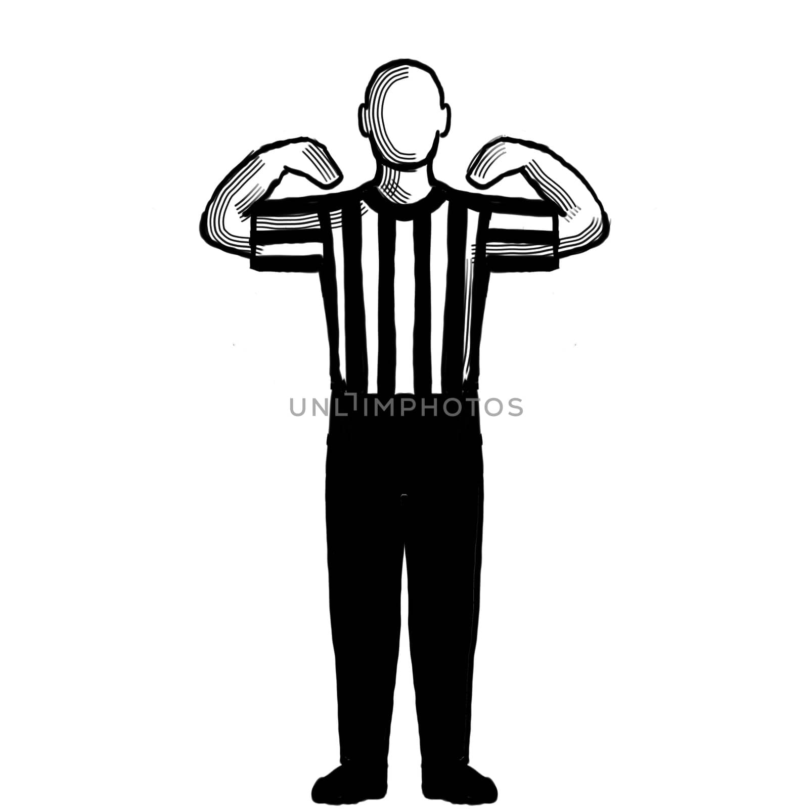 Black and white illustration of a basketball referee or official with hand signal showing 30-second time-out viewed from front on isolated background done retro style.
