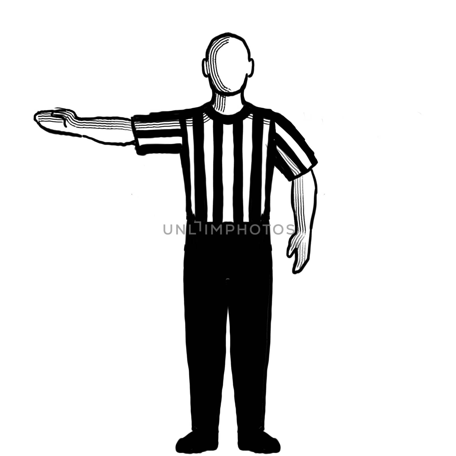 Black and white illustration showing a basketball referee or official with hand signal of delayed lane violation viewed from front on isolated background done retro style.