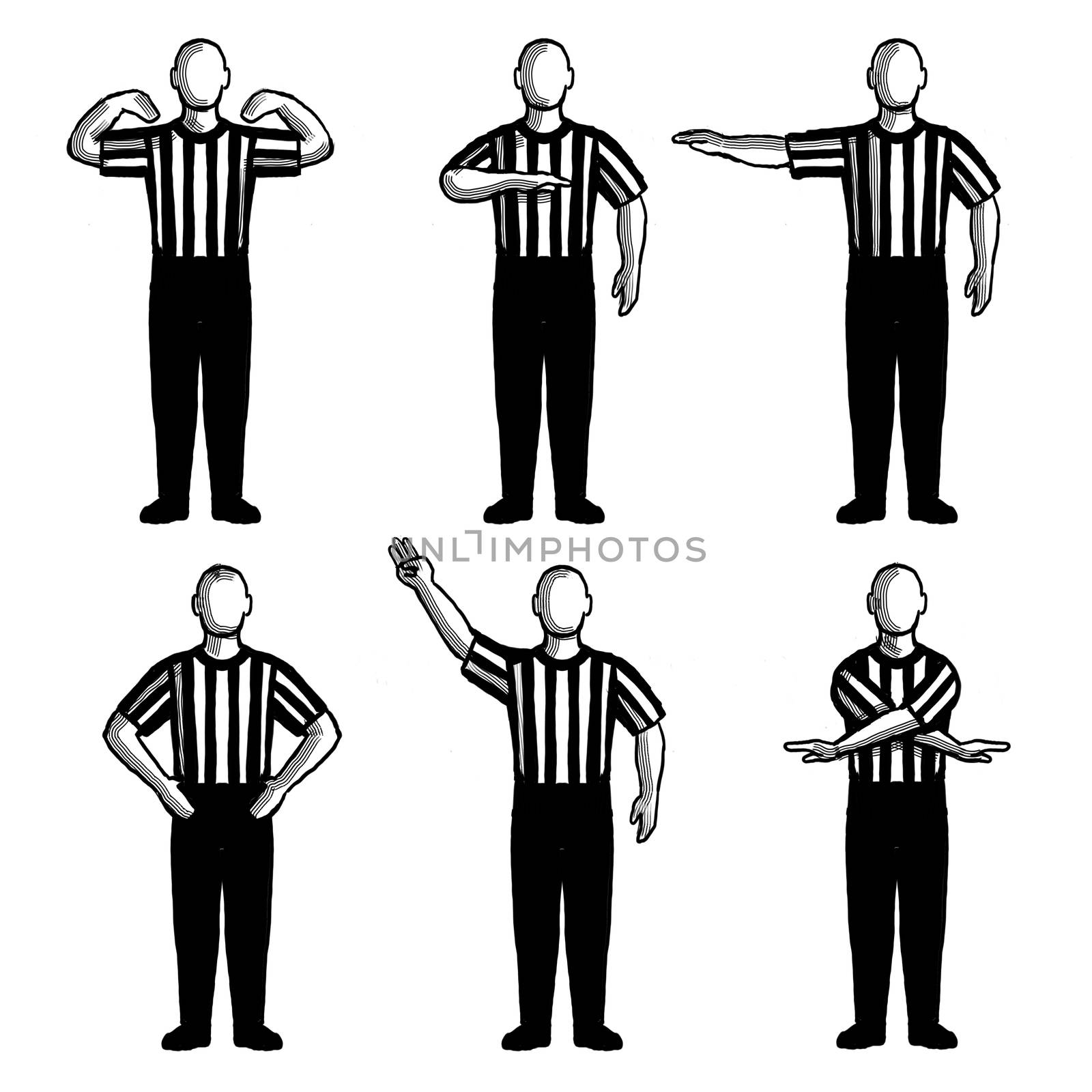 Retro style collection set of drawing illustration showing a basketball referee or official with different hand signals on isolated background done black and white.
