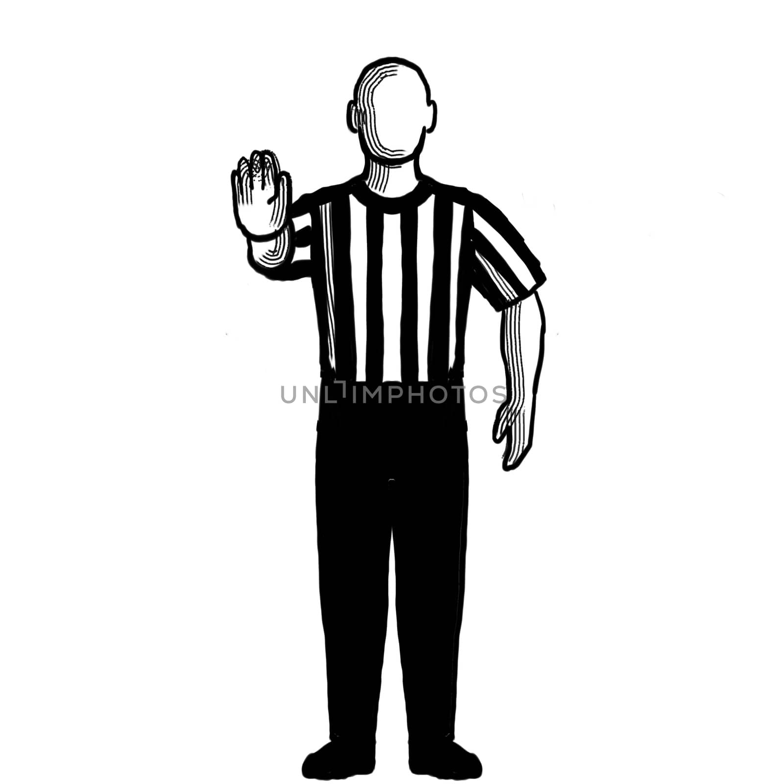 Black and white illustration of a basketball referee or official with hand signal showing directional signal viewed from front on isolated background done retro style.