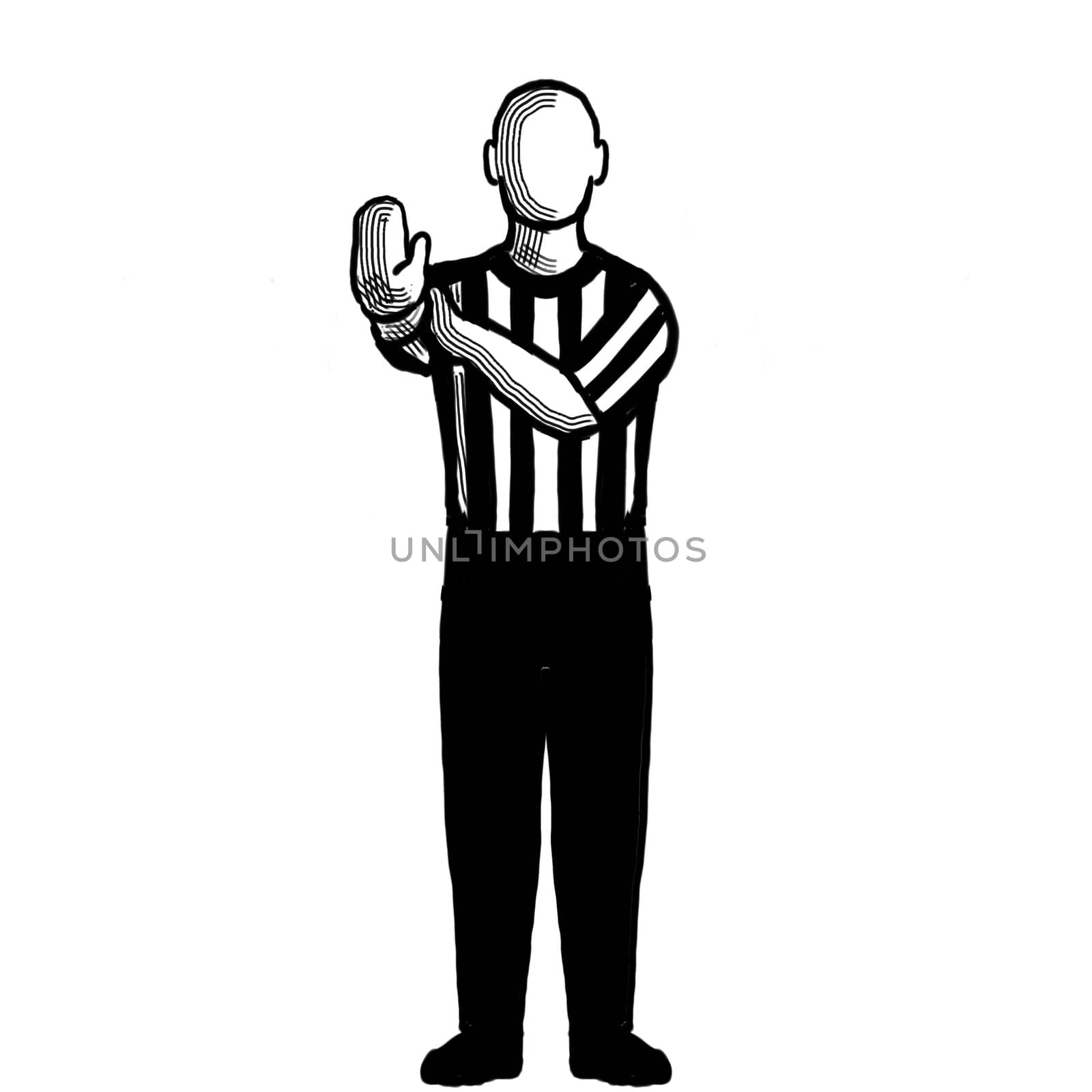 Black and white illustration of a basketball referee or official with hand signal showing hand check viewed from front on isolated background done retro style.