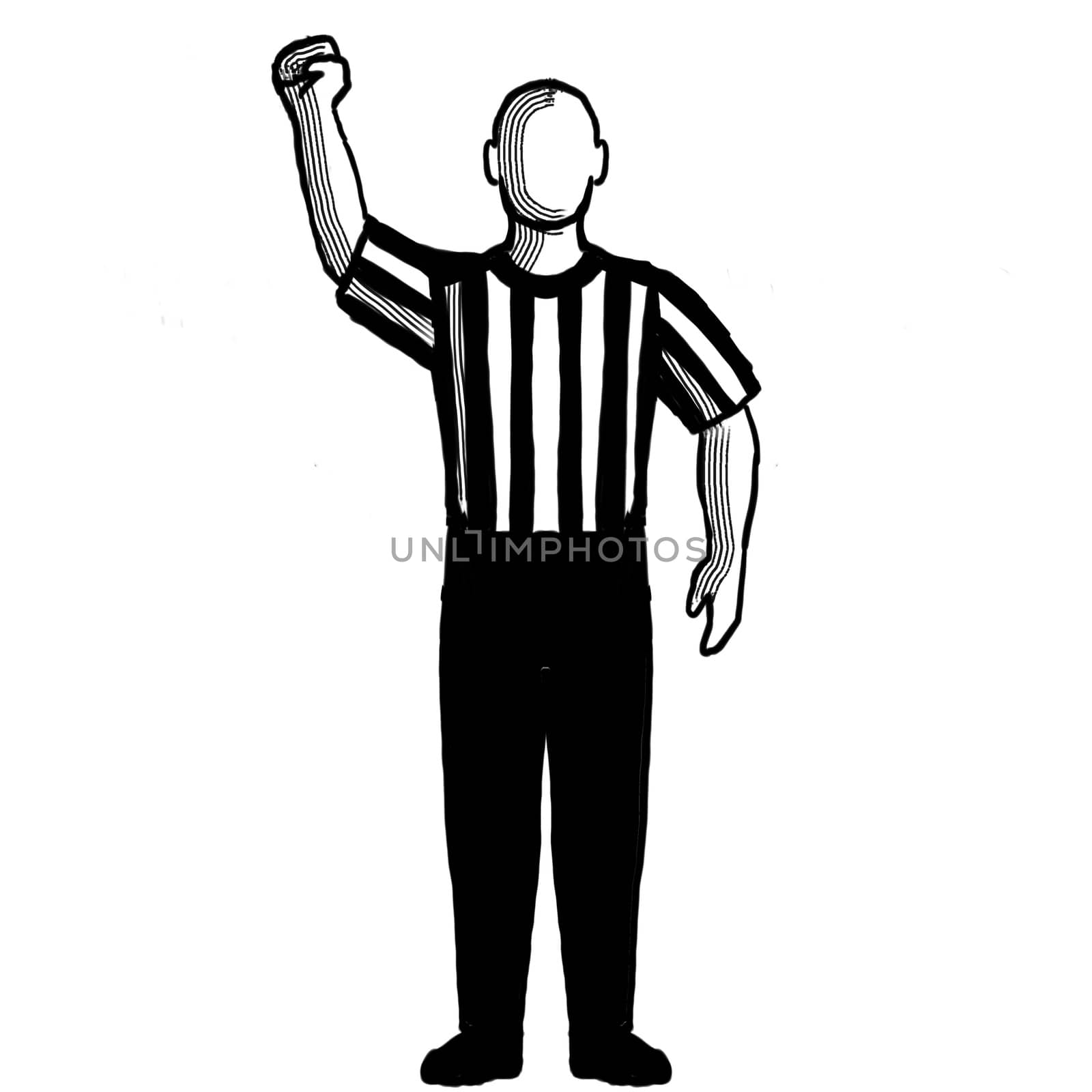 Black and white illustration of a basketball referee or official with hand signal showing stop clock for foul viewed from front on isolated background done retro style.