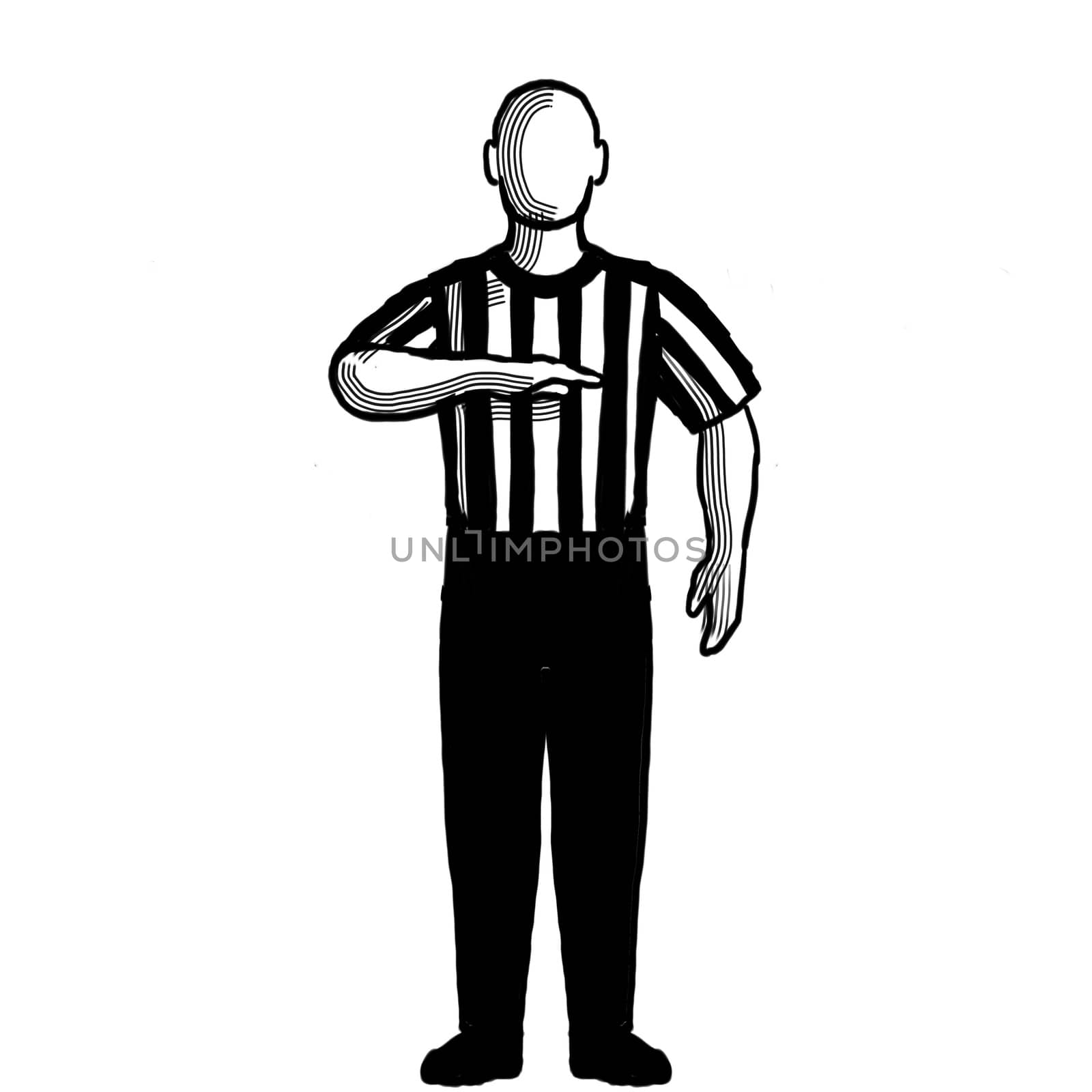 Black and white illustration of a basketball referee or official with hand signal showing visible count viewed from front on isolated background done retro style.