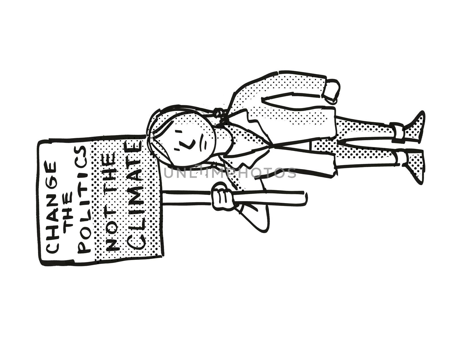 Cartoon style illustration of a young student or child with placard, Change the Politics Not the Climate protesting on Climate Change done in black and white on isolated background.