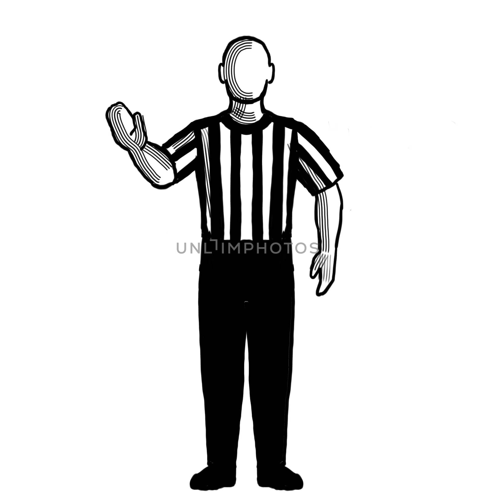 Black and white illustration of a basketball referee or official with hand signal showing 5-second violation viewed from front on isolated background done retro style.