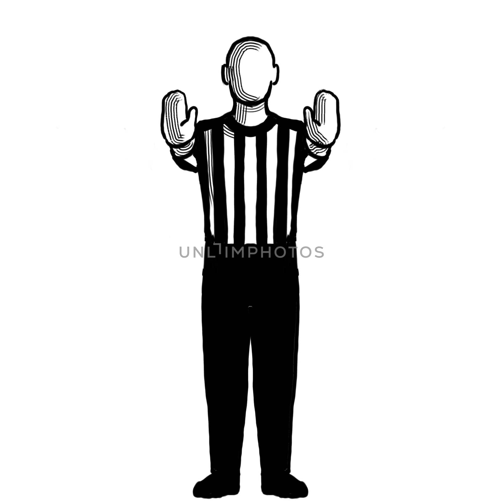 Black and white illustration of a basketball referee or official with hand signal showing 10-second violation or charging pushing viewed from front on isolated background done retro style.