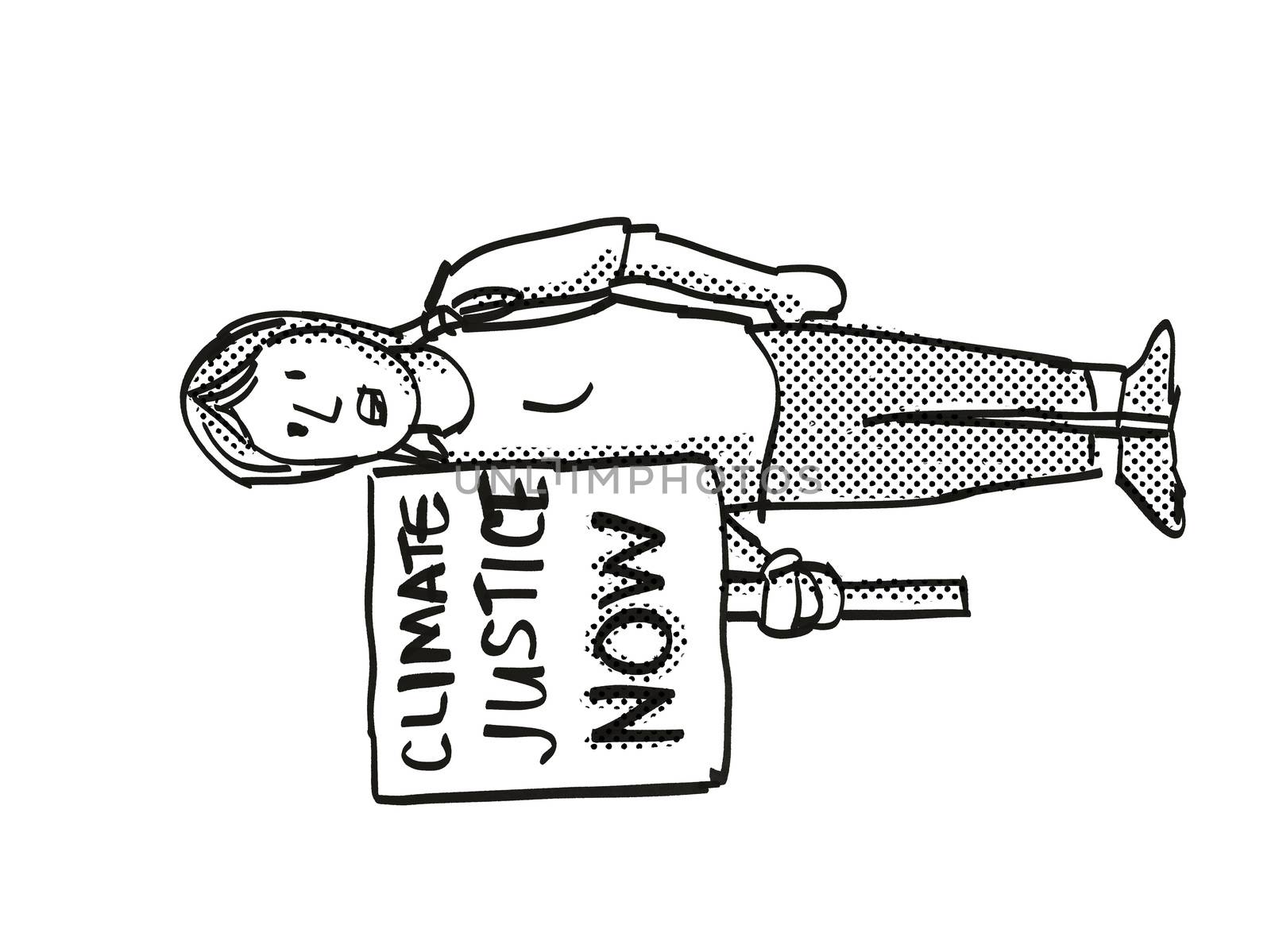 Cartoon style illustration of a young student or child with placard, Climate Justice Now protesting on Climate Change done in black and white on isolated background.