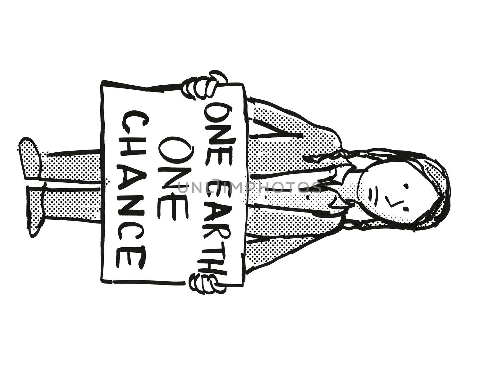 Cartoon style illustration of a young student or child with placard, One Earth One Chance protesting on Climate Change done in black and white on isolated background.