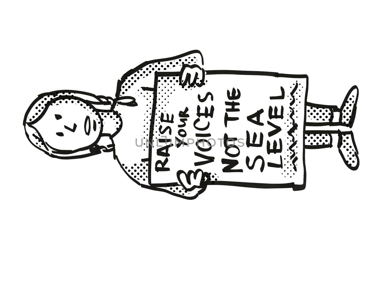 Cartoon style illustration of a young student or child with placard, Raise Your Voices Not the Sea Level protesting on Climate Change done in black and white.