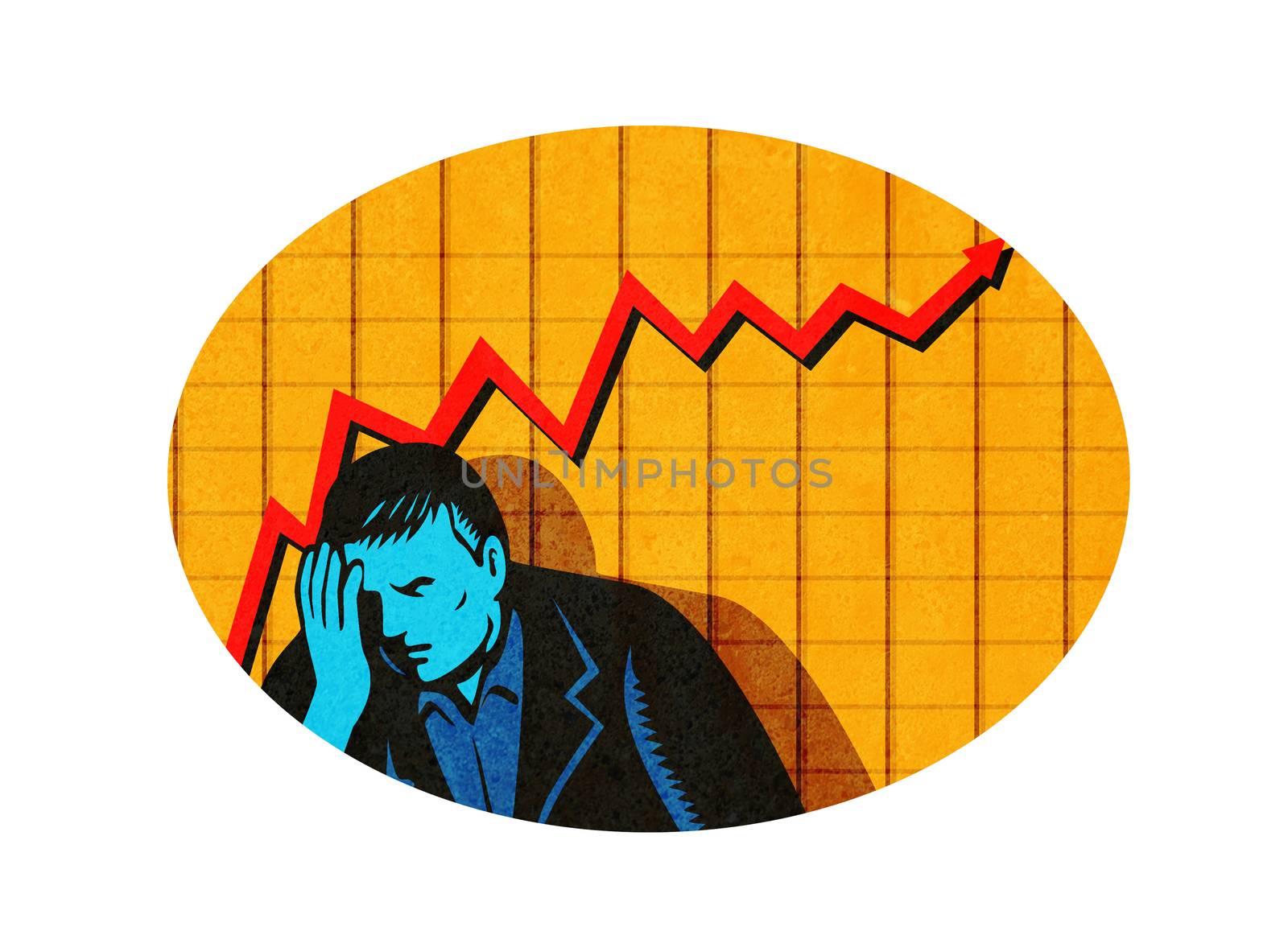 Retro style illustration of depressed or feeling ashamed businessman with upward line graph in background set inside oval shape.