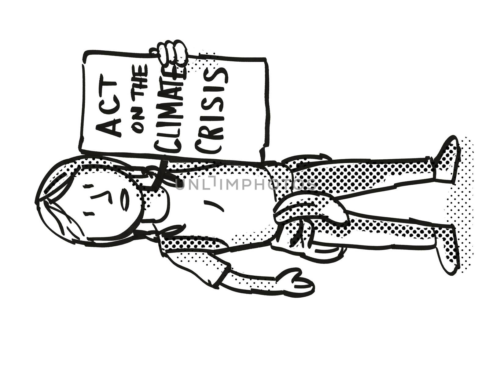 Cartoon style illustration of a young student or child with placard, Act on the Climate Crisis protesting on Climate Change in black and white on isolated background.