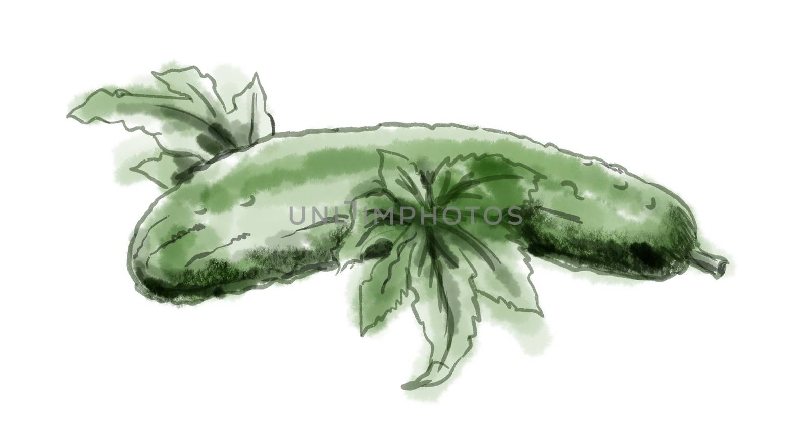 Watercolor drawing of a Cucumber on white.