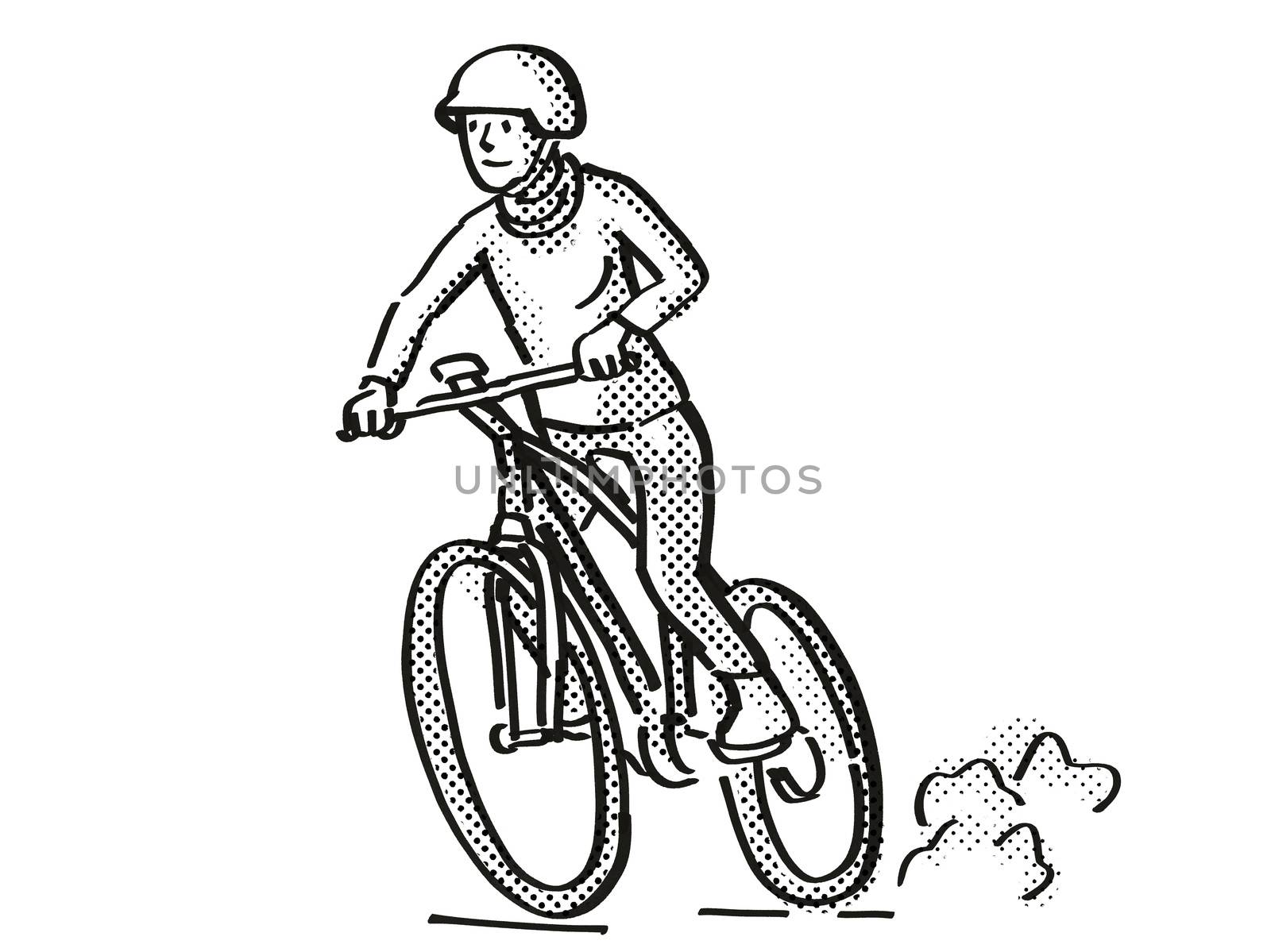 Retro cartoon style drawing of a female cyclist riding on an electric bicycle or  e-bike on isolated white background done in black and white