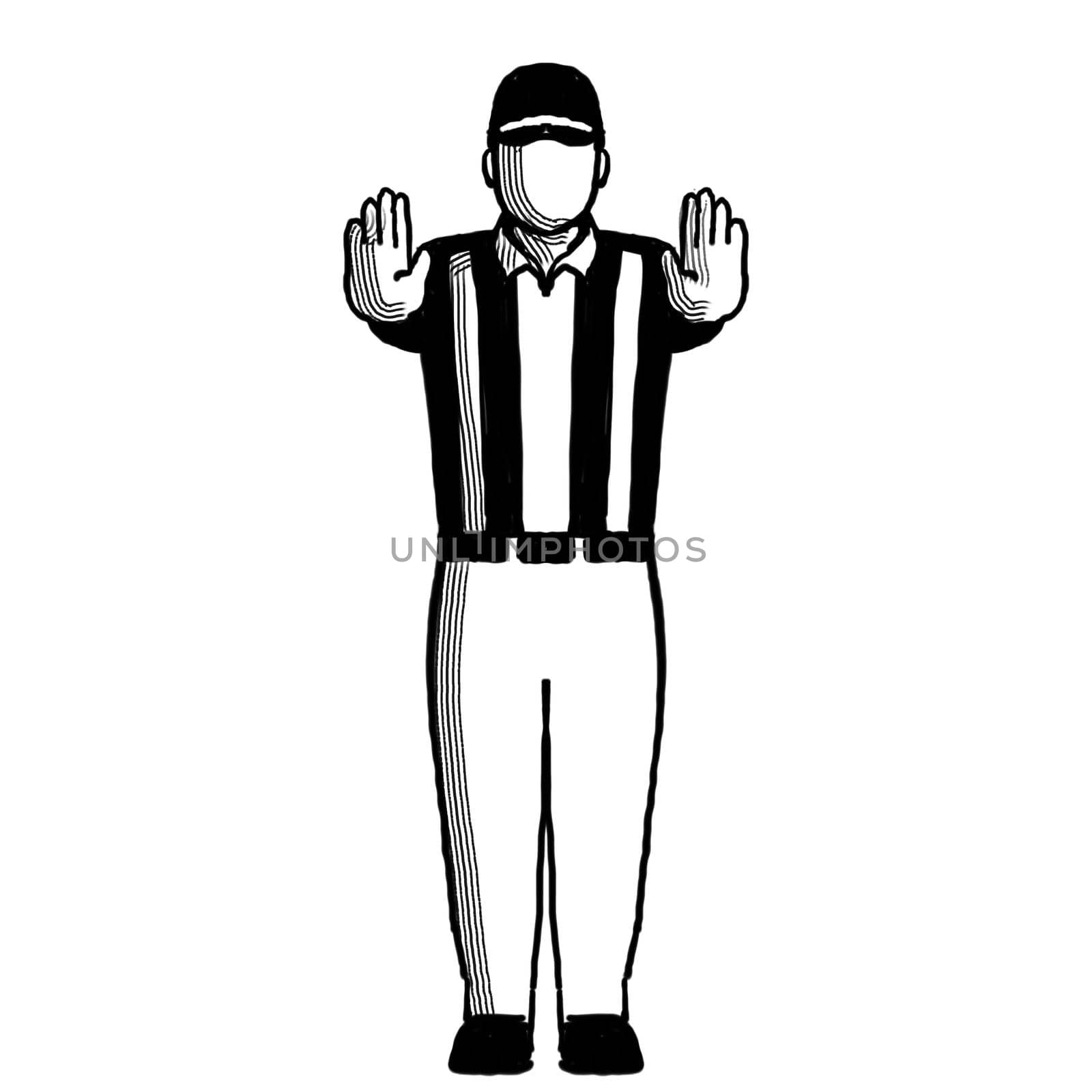 Retro style illustration of an American football referee or official with hand signal showing pass interference sign on isolated background done in black and white.
